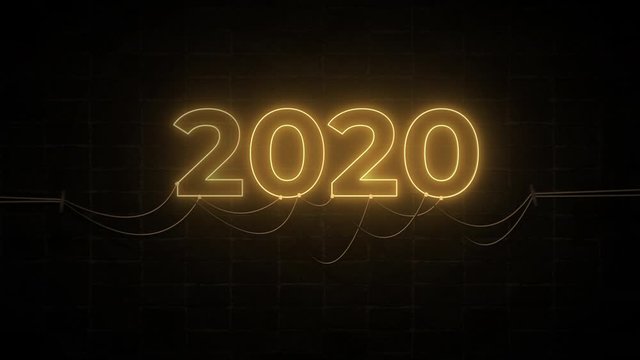 Happy New Year 2020 yellow neon sign background new year resolution concept