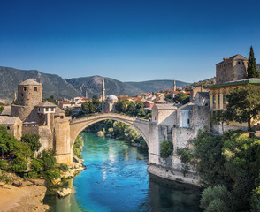 Fototapeta na wymiar Aerial view on the medieval bridge of Mostar