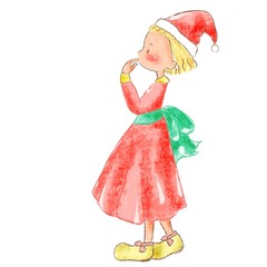 Girl child in santa hat, watercolor digital illustration 