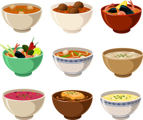 Vector illustration of various international soups in different traditional bowls