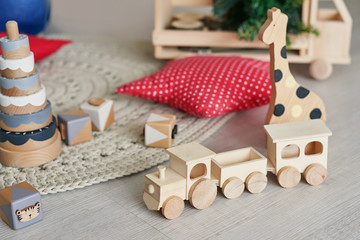 Wooden toy train, natural wood toy, shape of colored wooden, Baby toy, Wooden animal toys set for...