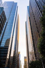 Fototapeta premium Sunset view of street lined up with modern high-rise building, with sunlight reflected on the glass facades; South of Market District, San Francisco, California