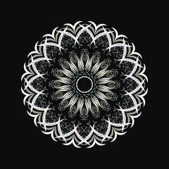 White snowflake, patterned lines, crystal on a black background. Winter, Christmas, gifts and congratulations.