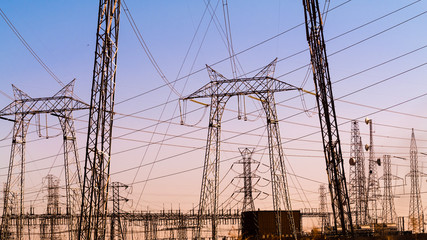 High voltage electricity towers at a substation in Central California; a substation is a part of an electrical generation, transmission, and distribution system