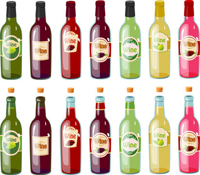 Vector illustration of various bottles of red, white and rose wine