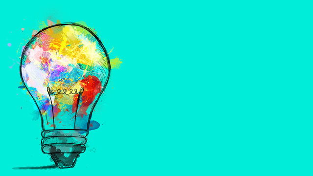 Big stylized light bulb on cyan background drawn with splashes of colored paint. Concept of innovation and creativity