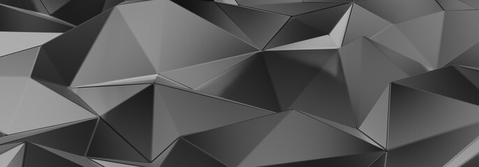 3d ILLUSTRATION, of abstract BLACK crystal background, triangular texture, wide panoramic for wallpaper