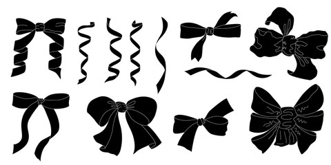 A set of vector silhouettes of bows and ribbons with a white stroke. Icons, logos for design on the theme of the holiday. Elements for holiday decorations.