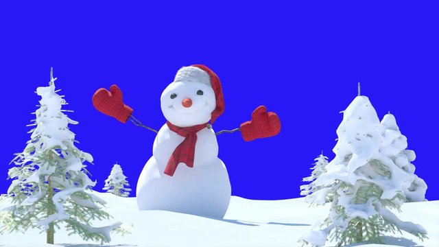 Christmas winter background with snowman and snow.  Merry christmas and   happy new year with copy-space  3D render cartoon animation