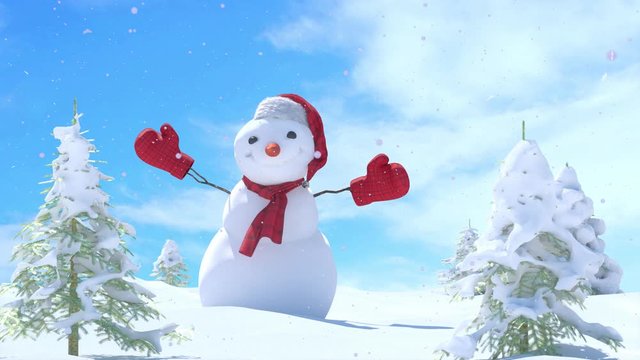 Christmas winter background with snowman and snow.  Merry christmas and   happy new year with copy-space  3D render cartoon animation