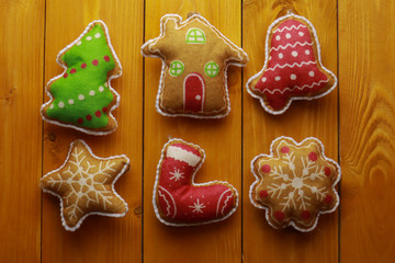 Christmas toys on wooden background