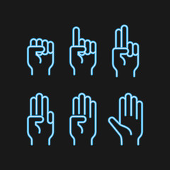 Neon Hand count. Neon finger and number isolated on black background. Vector set of nonverbal sign. One, two, three, four, five hand character.
