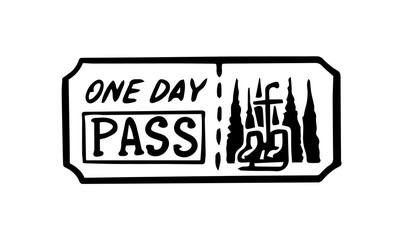 Vintage ticket. Pass for the winter camp. Card template with Christmas trees and calligraphic lettering. Engraved hand drawn in old doodle vintage sketch. Badge or emblem, logo for sign.