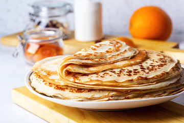 Thin pancakes, ingredients, making blini crepes - 302546350