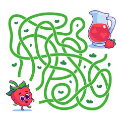 Help cute raspberry find path to juice. Labyrinth. Vegan maze game for kids. Vector illustration on white background.