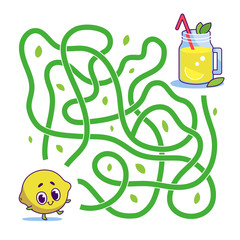 Help cute lemon find path to lemonade. Labyrinth. Vegan maze game for kids. Vector illustration on white background.