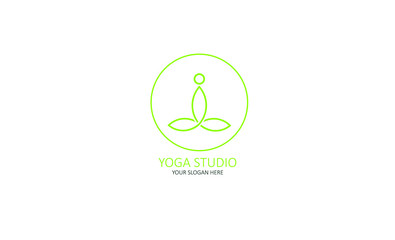 creative Yoga studio Logo template vector icon design with symbols of people meditating and lotus flowers.