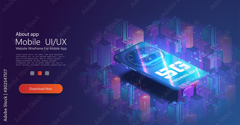 Leinwandbilder 5g network wireless technology vector illustration. isometric smartphone with big letters 5g and spe