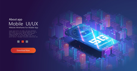 5G network wireless technology vector illustration. Isometric smartphone with big letters 5g and speed test. High-speed mobile Internet. Using modern digital devices. Web page template.Blue color.City