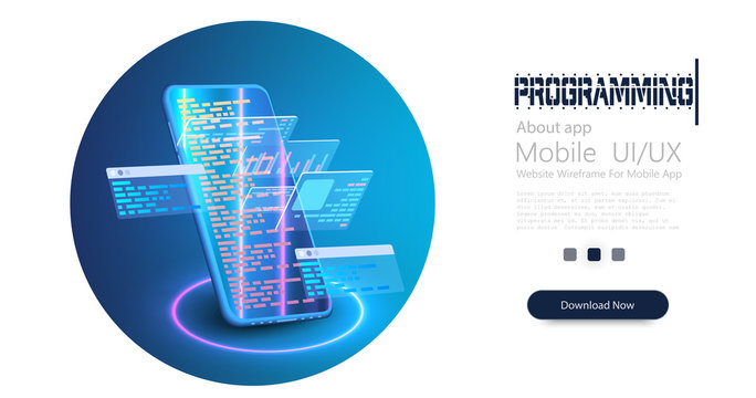 Development and software. Concept of programming, data processing. Computer code with on phones screen. Software development coding process concept. Programming, testing cross platform code phone.Neon