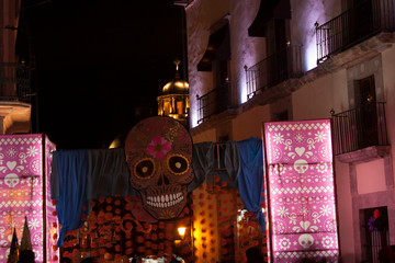 Streets of Querétaro zócalo on the night of the dead in Mexico is a traditional party that welcomes our dead