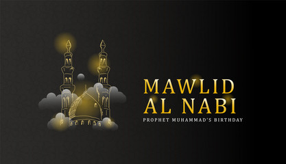 Hand drawn banner mawlid al nabi with light effect on the mosque and text