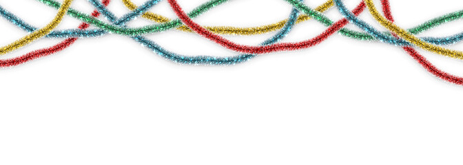 Christmas or New Year traditional decorations. Hanging glitter Xmas tinsel garland. Decor element. Vector illustration