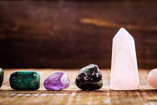 Mystical gemstones collection. Colorful Zen stones with healing properties.