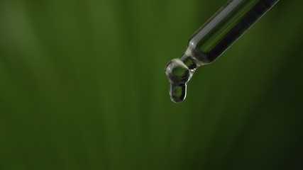 Super macro close up of droplet pipette dosing biological and ecological oil of the hemp plant.  Pharmaceutical herbal cbd oil, organic pharma concept, on black background.