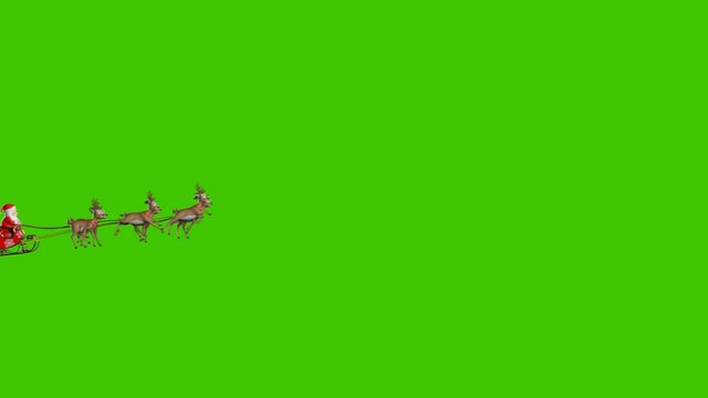 Santa Claus on a Reindeer Sleigh Flying on a Green Background, Beautiful 3d Animation, Two Cameras, 4k