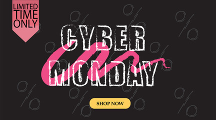 Fototapeta premium Advertising sale in honor of Cyber Monday.Colorful vector banner as promotion of special offer of discounts to the event. Attractive online trading poster.