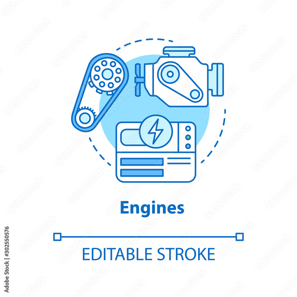 Wall mural engines blue concept icon. power source idea thin line illustration. modern motors, mechanism. innov