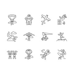 Air extreme sport linear icons set. Skydiving, parachuting, wingsuiting. Paragliding, aerobatics and bungee jumping. Thin line contour symbols. Isolated vector outline illustrations. Editable stroke