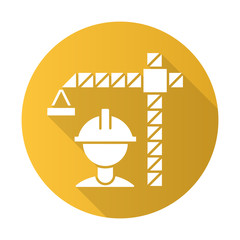 Construction industry yellow flat design long shadow glyph icon. Building sector. Crane builder in helmet. Construction housing, infrastructure. Real estate development. Vector silhouette illustration