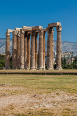 Ruins of the Temple of Olympian Zeus also known as the Olympieion at the center of the Athens city in Greece