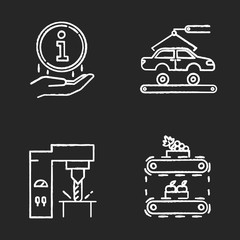 Industry types chalk icons set. Automotive engineering. Information sign. Steel industry. Fruit production. Automobile repair. Vehicle factory. Food supply. Isolated vector chalkboard illustrations