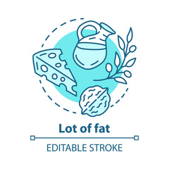 Lot of fat concept icon. Keto diet idea thin line illustration. Ketogenic nutrition. Dietary meal, healthy fats. Cheese, olive oil, nut. Vector isolated outline drawing. Editable stroke
