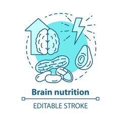 Brain nutrition concept icon. Keto diet idea thin line illustration. Ketogenic food, snack. Balanced meal. Different nuts. Energy resource. Vector isolated outline drawing. Editable stroke