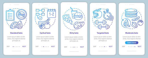 Fototapeta na wymiar Types of keto diets blue onboarding mobile app page screen template. Ketogenic meal, healthy nutrition. Low carbs food. Walkthrough website steps with icons. UX, UI, GUI smartphone interface concept