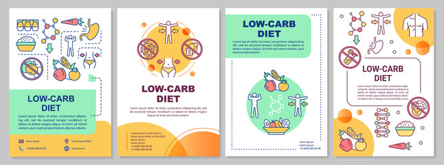 Low carb diet brochure template. Ketogenic nutrition. Flyer, booklet, leaflet print, cover design with linear illustrations. Vector page layouts for magazines, annual reports, advertising posters