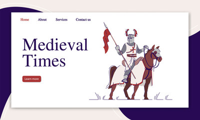 Medieval times landing page vector template. Middle Ages warfare website interface idea with flat illustrations. Knighthood homepage layout. Horse troops web banner, webpage cartoon concept