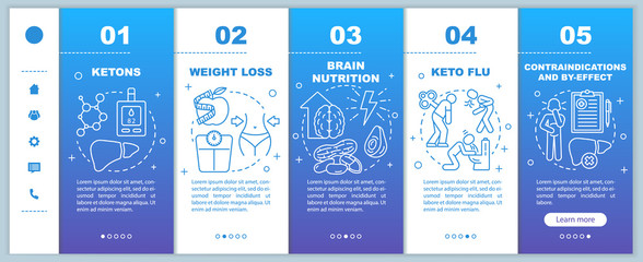 Keto diet onboarding mobile web pages vector template. Responsive smartphone website interface idea. Ketogenic eating and healthy nutrition. Webpage walkthrough step gradient screens. Color concept