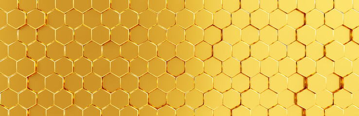 Golden hexagon cell tiling on the luxury decoration with financial business concept. Cryptocurrency block chain system of future banking technology. 3D rendering. Abstract golden hexagonal background