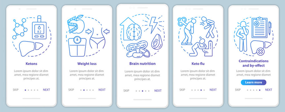 Keto diets blue onboarding mobile app page screen vector template. Ketogenic eating and healthy nutrition. Walkthrough website steps with linear illustrations. UX, UI, GUI smartphone interface concept