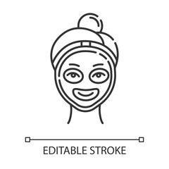 Vitamin C mask linear icon. Skin care procedure. Facial beauty treatment. Exfoliating and moisturizing effect. Thin line illustration. Contour symbol. Vector isolated outline drawing. Editable stroke