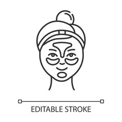 Applying hydrogel patches linear icon. Skin care procedure. Blackheads removal. Dermatology, cosmetics, makeup. Thin line illustration. Contour symbol. Vector isolated outline drawing. Editable stroke