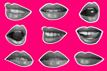 Collage with female lips on color background