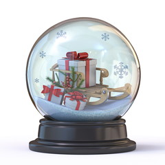 Snow ball with gifts and wooden sledge 3D