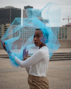 Beautiful Young Woman Model In Kansas City With Colorful Cloth. 