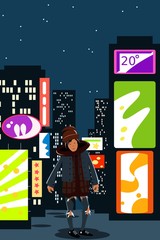 A young guy in modern street clothes is standing against the lights of a night metropolis. Vector illustration. Night city.